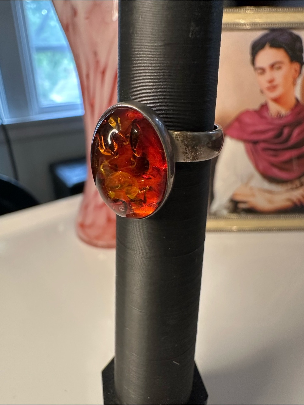 Vintage Sterling Silver Baltic Amber Cabochon Ring Adjustable Size 7.5 - Picture 4 of 11